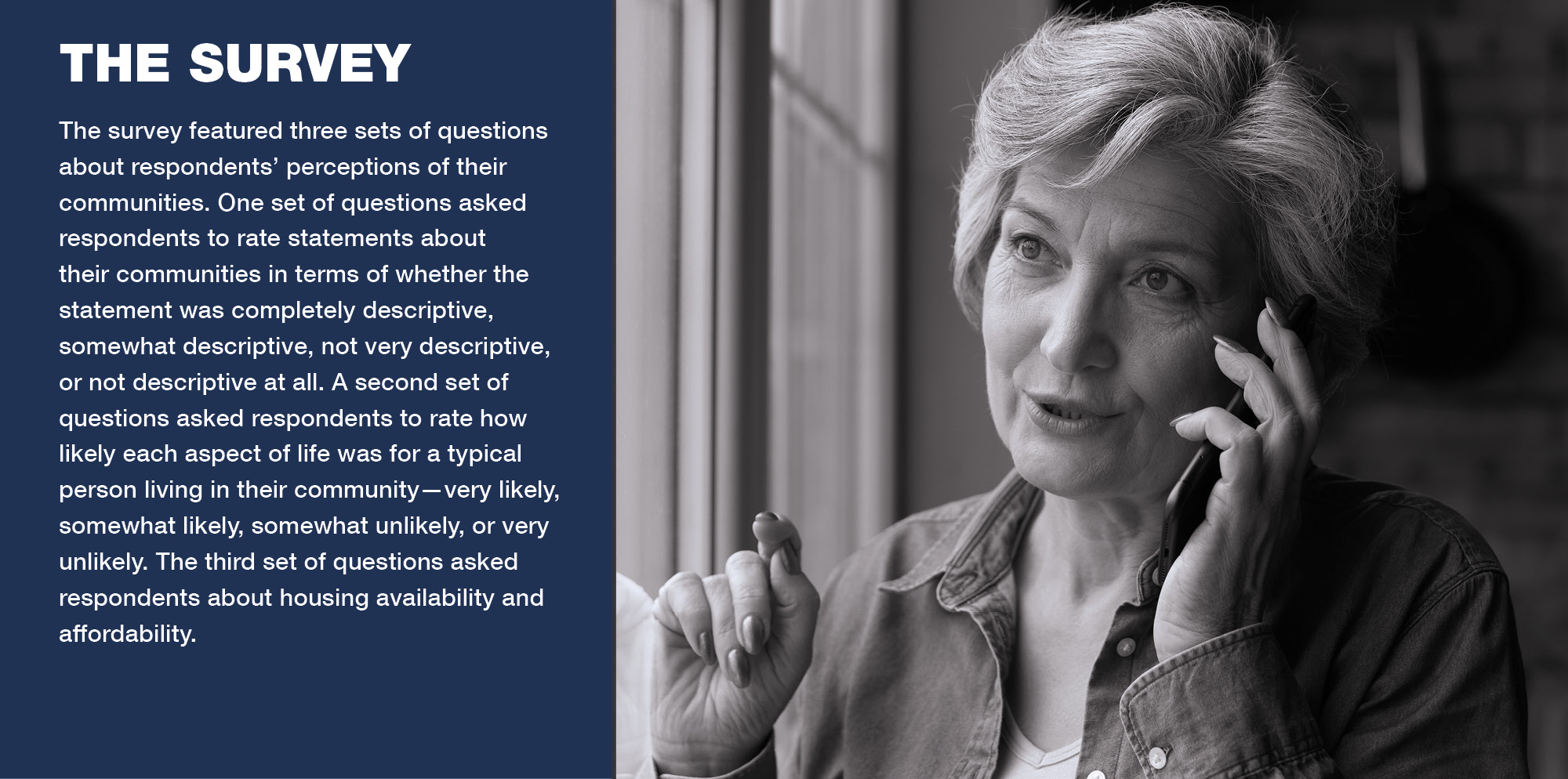 The Survey: The survey featured three sets of questions about respondents' perceptions of their communities. One set of questions asked respondents to rate statements about their communities in terms of whether the statement was completely descriptive, somewhat descriptive, not very descriptive, or not descriptive at all. A second set of questions asked respondents to rate how likely each aspect of life was for a typical person living in their community--very likely, somewhat likely, somewhat unlikely, or very unlikely. The third set of questions asked respondents about housing availability and affordability.