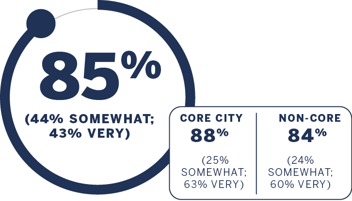 Internet and Technology: 85% (broken down by 44% somewhat and 43% very); Core City: 88% (broken down by 25% somewhat and 63% very); None-Core: 84% (broken down by 24% somewhat and 60% very)
