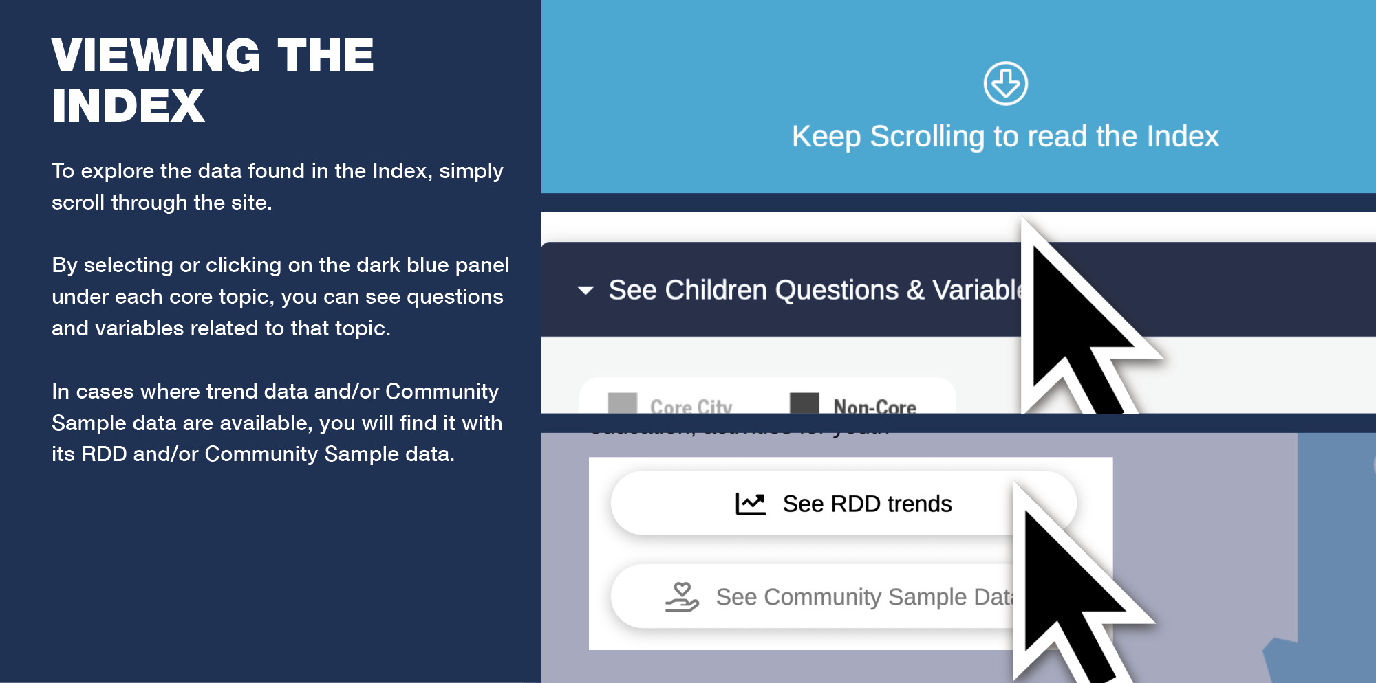 Viewing the Index: To explore the data found in the Index, simply scroll through the site. By selecting or clicking on the dark blue panel under each core topic, you can see questions and variable related to that topic. In cases where trend data and/or Community Sample data are available, you will find it with its RDD and/or Community Sample data.
