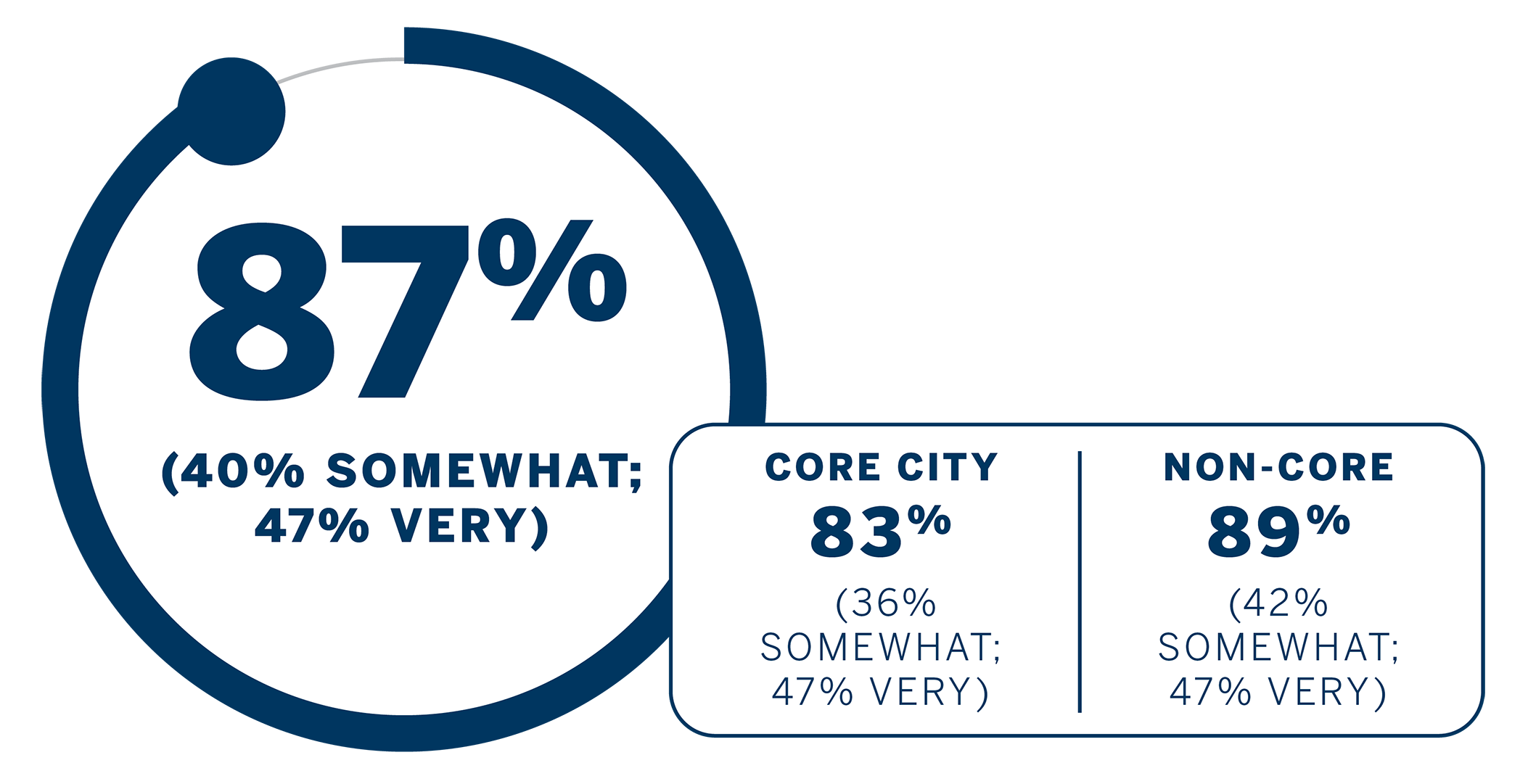 Managing Health Problems: 87% (broken down by 40% somewhat and 47% very); Core City: 83% (broken down by 36% somewhat and 47% very); None-Core: 89% (broken down by 42% somewhat and 47% very)