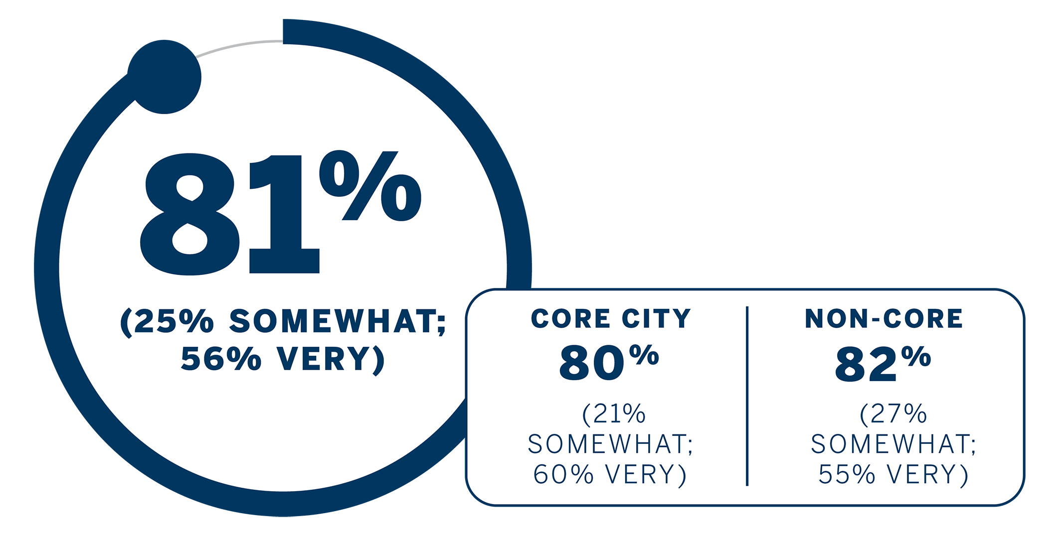 Using Technology: 81% (broken down by 25% somewhat and 56% very); Core City: 80% (broken down by 21% somewhat and 60% very); None-Core: 82% (broken down by 27% somewhat and 55% very)